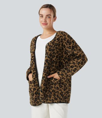 Leopard Print Casual Sherpa Jacket with Pockets