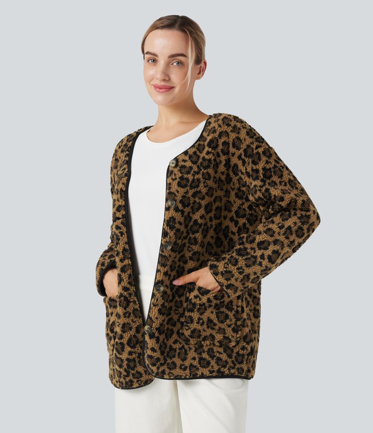 Leopard Print Casual Sherpa Jacket with Pockets