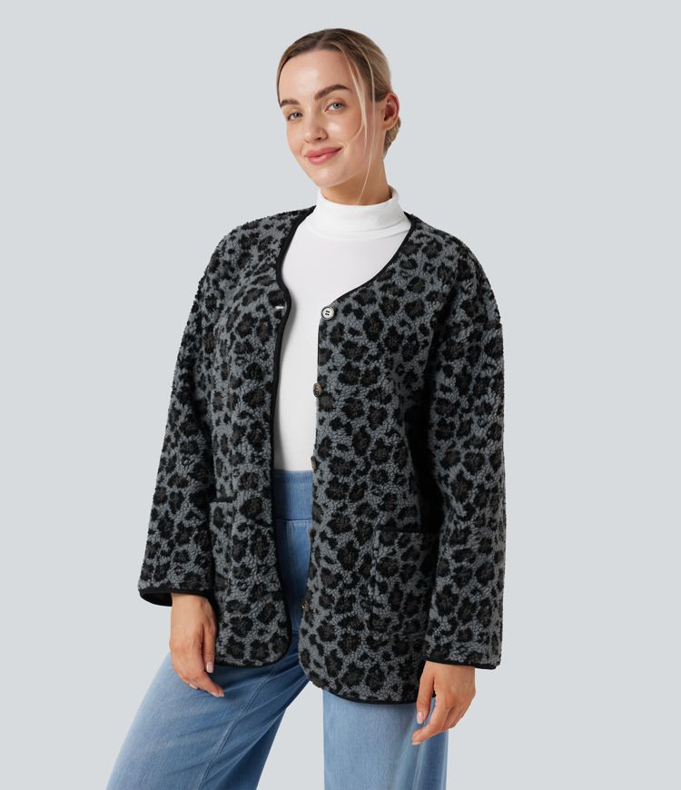Leopard Print Casual Sherpa Jacket with Pockets