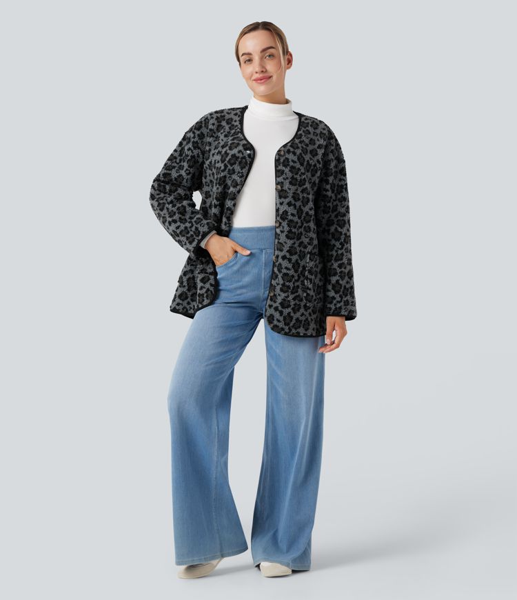 Leopard Print Casual Sherpa Jacket with Pockets