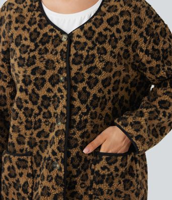 Leopard Print Casual Sherpa Jacket with Pockets