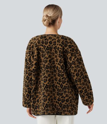 Leopard Print Casual Sherpa Jacket with Pockets
