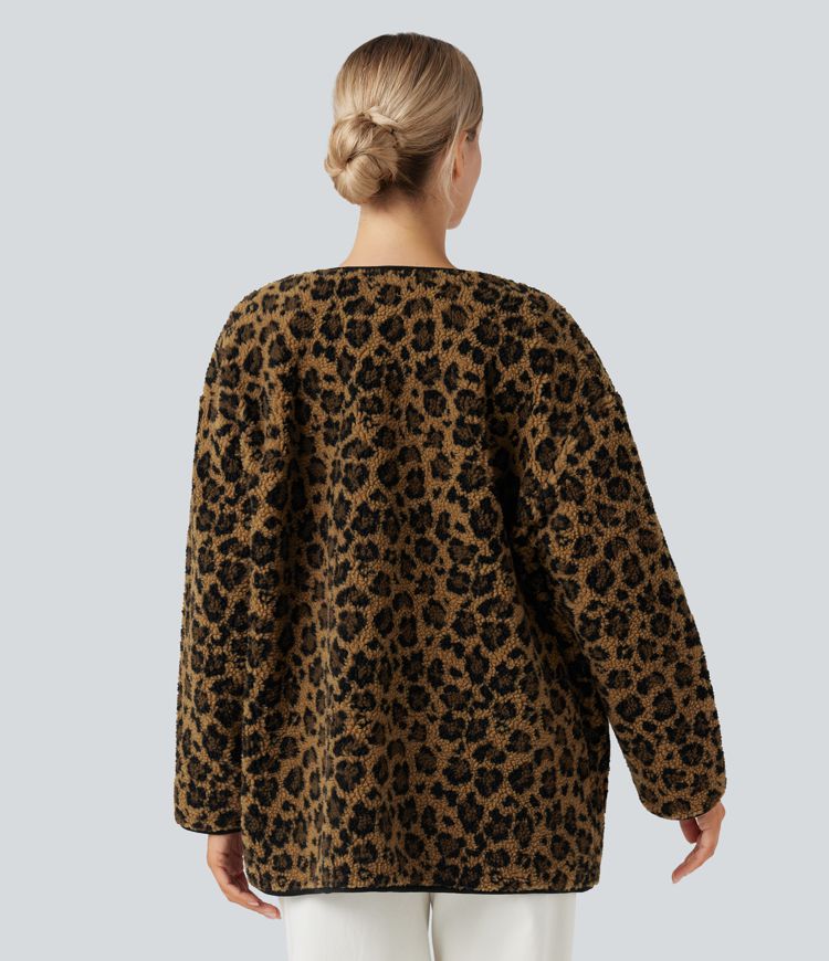 Leopard Print Casual Sherpa Jacket with Pockets