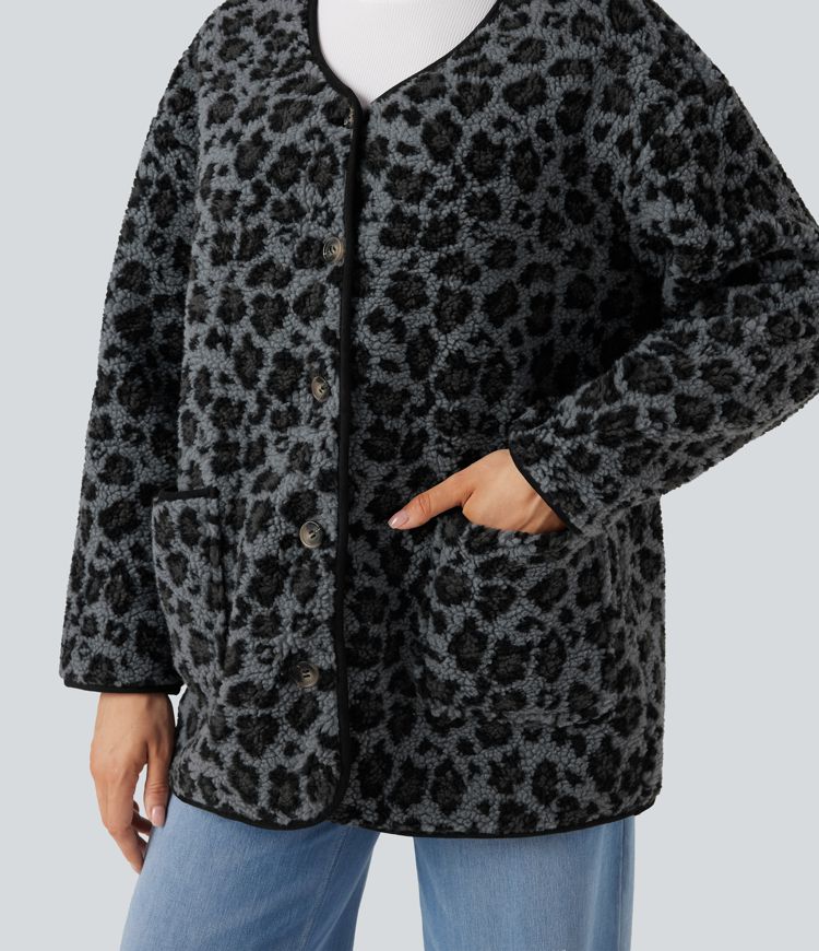 Leopard Print Casual Sherpa Jacket with Pockets