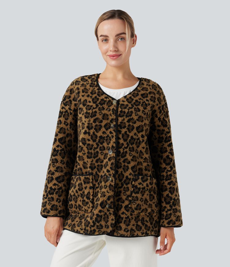 Leopard Print Casual Sherpa Jacket with Pockets
