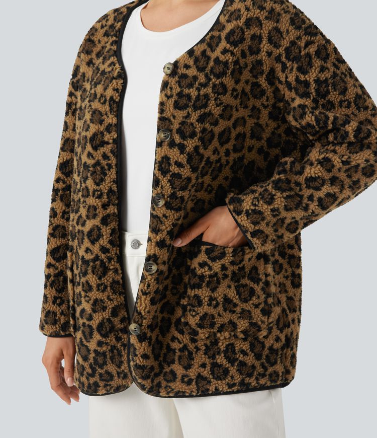 Leopard Print Casual Sherpa Jacket with Pockets