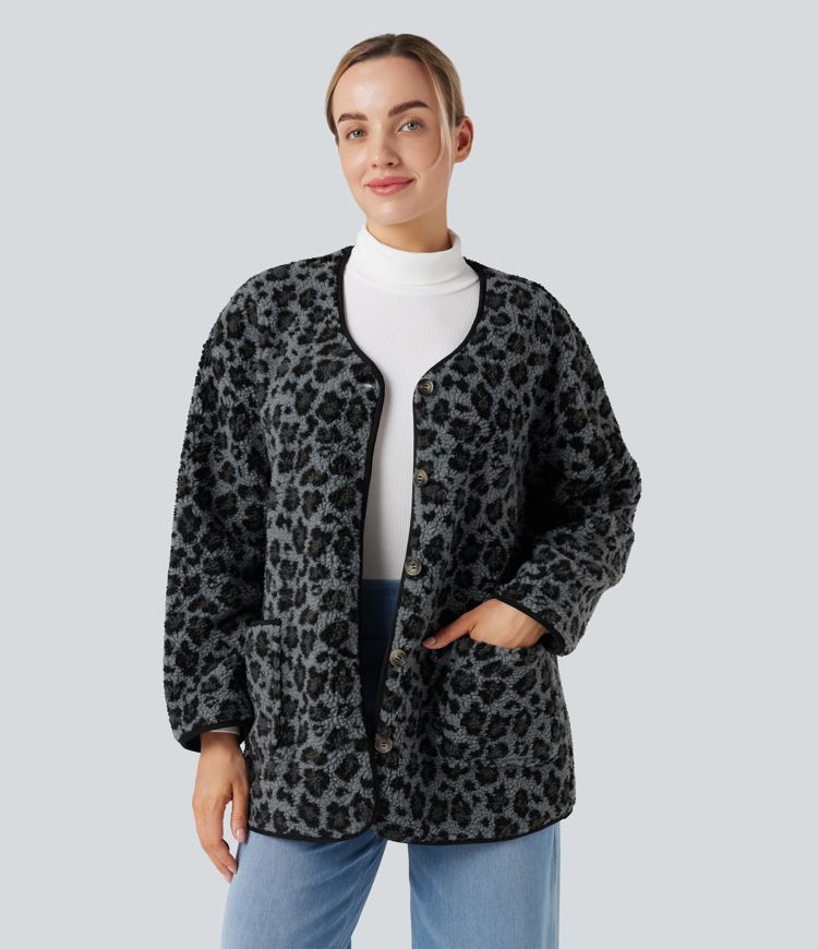 Leopard Print Casual Sherpa Jacket with Pockets