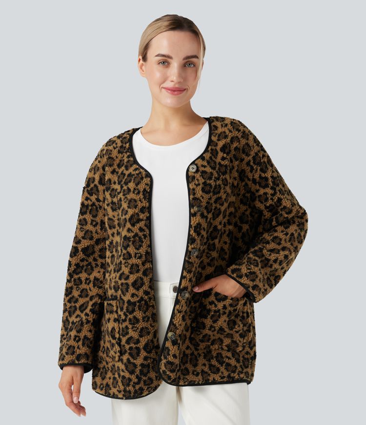 Leopard Print Casual Sherpa Jacket with Pockets