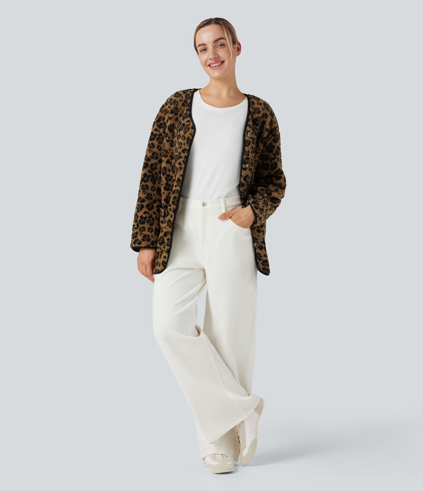 Leopard Print Casual Sherpa Jacket with Pockets