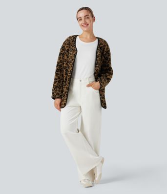 Leopard Print Casual Sherpa Jacket with Pockets