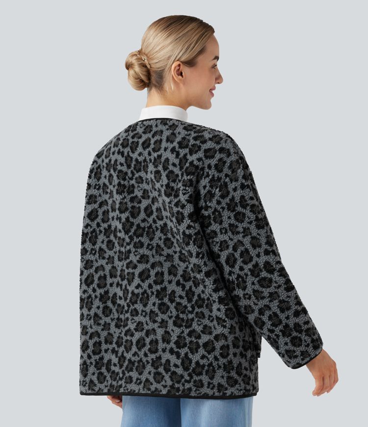 Leopard Print Casual Sherpa Jacket with Pockets