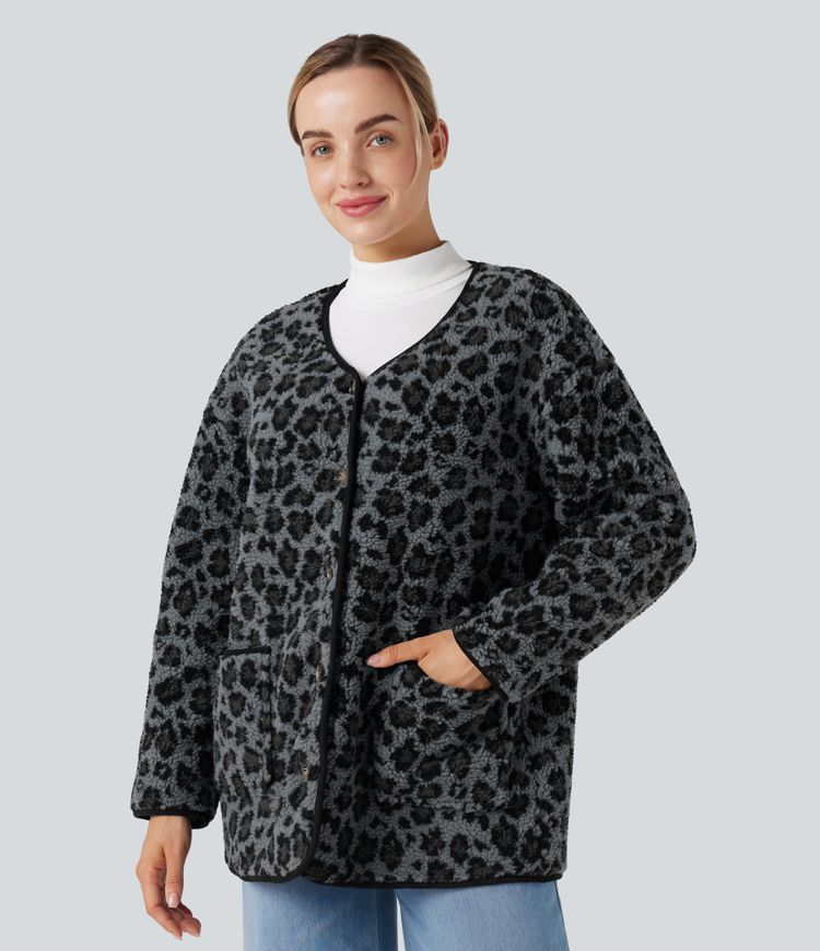 Leopard Print Casual Sherpa Jacket with Pockets