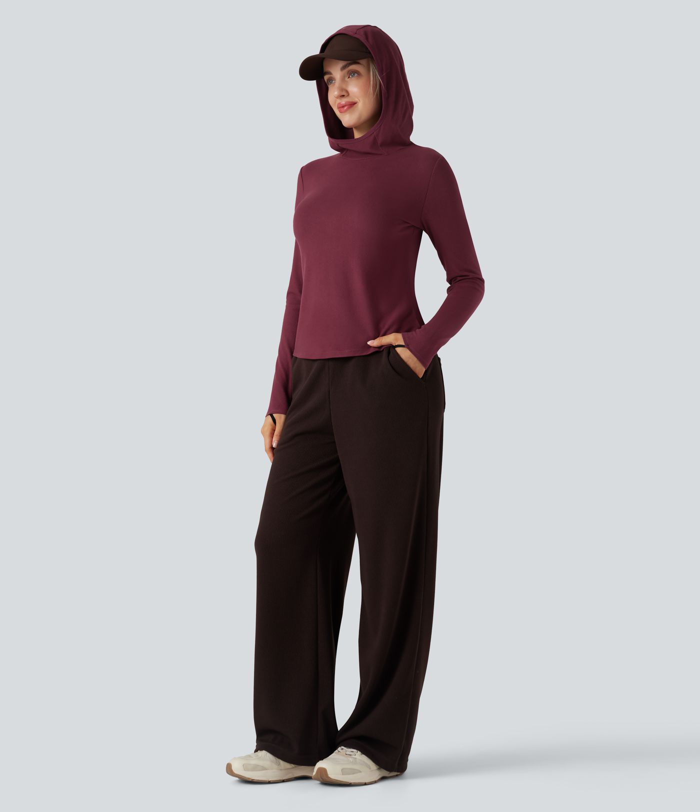 Halara HeatCore Hooded Long Sleeve Thumb Holes Slim Hiking Warming Sports Top