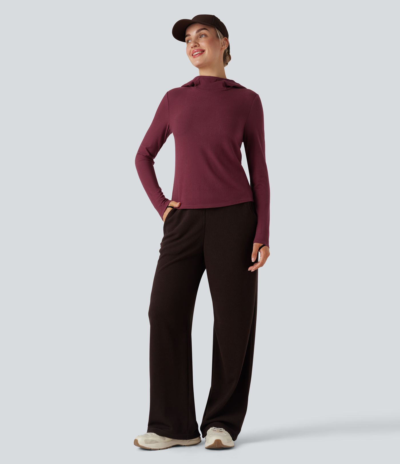 Halara HeatCore Hooded Long Sleeve Thumb Holes Slim Hiking Warming Sports Top