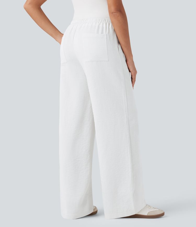 Wrinkle-Resistant High Waisted Drawstring Wide Leg Casual Linen-Feel Pants with Pockets