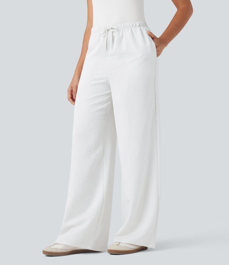 Lightweight Wrinkle-Resistant High Waisted Drawstring Wide Leg Casual Linen-Feel Pants with Pockets