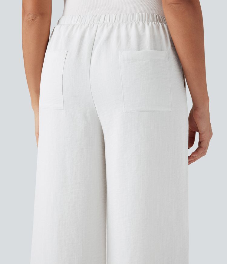 Wrinkle-Resistant High Waisted Drawstring Wide Leg Casual Linen-Feel Pants with Pockets