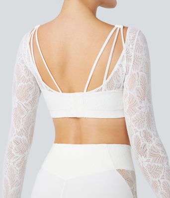 Top deportivo de yoga corto SoftlyZero™ 2 en 1 de manga larga con abertura para el pulgar y encaje en contraste 