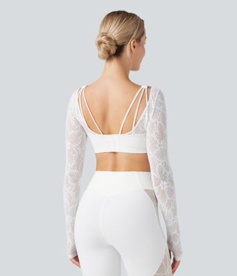 Top deportivo de yoga corto SoftlyZero™ 2 en 1 de manga larga con abertura para el pulgar y encaje en contraste 