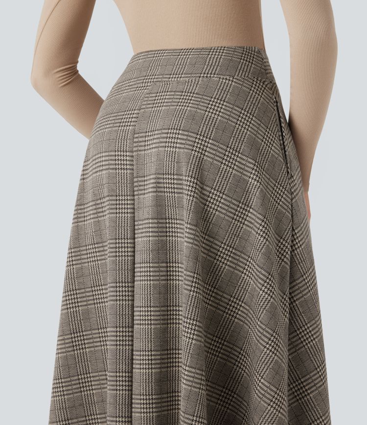 High Waisted Houndstooth Plaid Maxi Work Skirt with Pockets