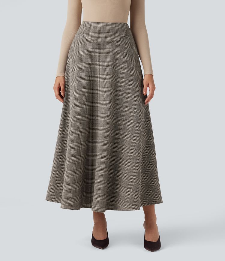 High Waisted Houndstooth Plaid Maxi Work Skirt with Pockets