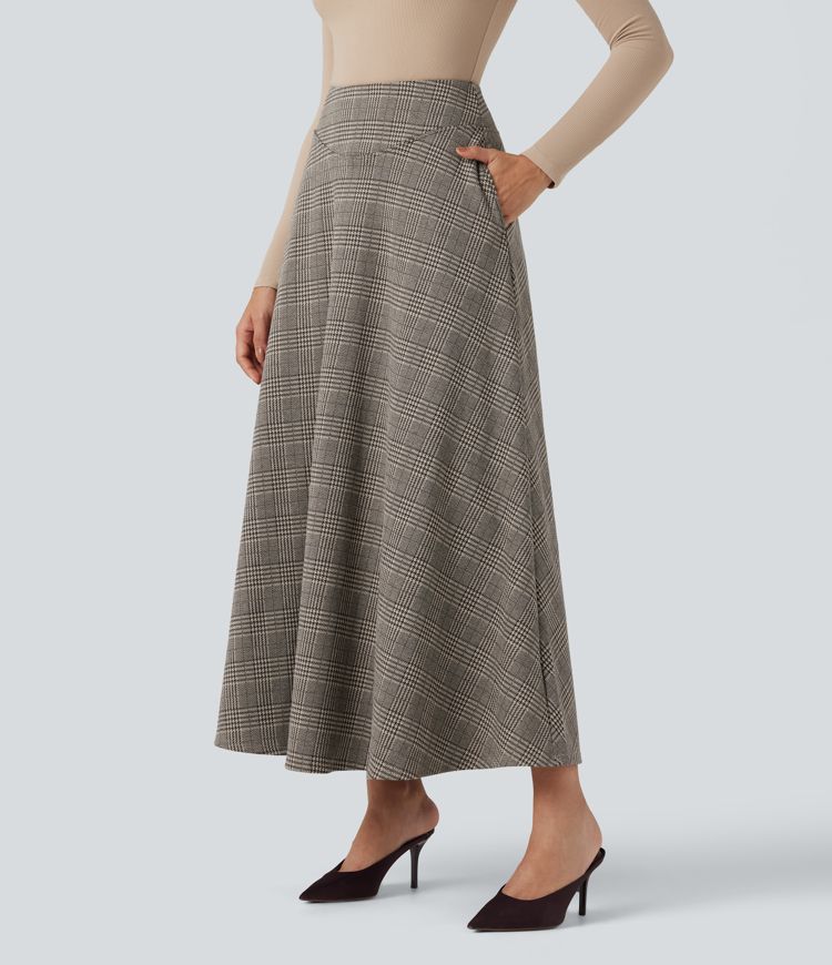 High Waisted Houndstooth Plaid Maxi Work Skirt with Pockets
