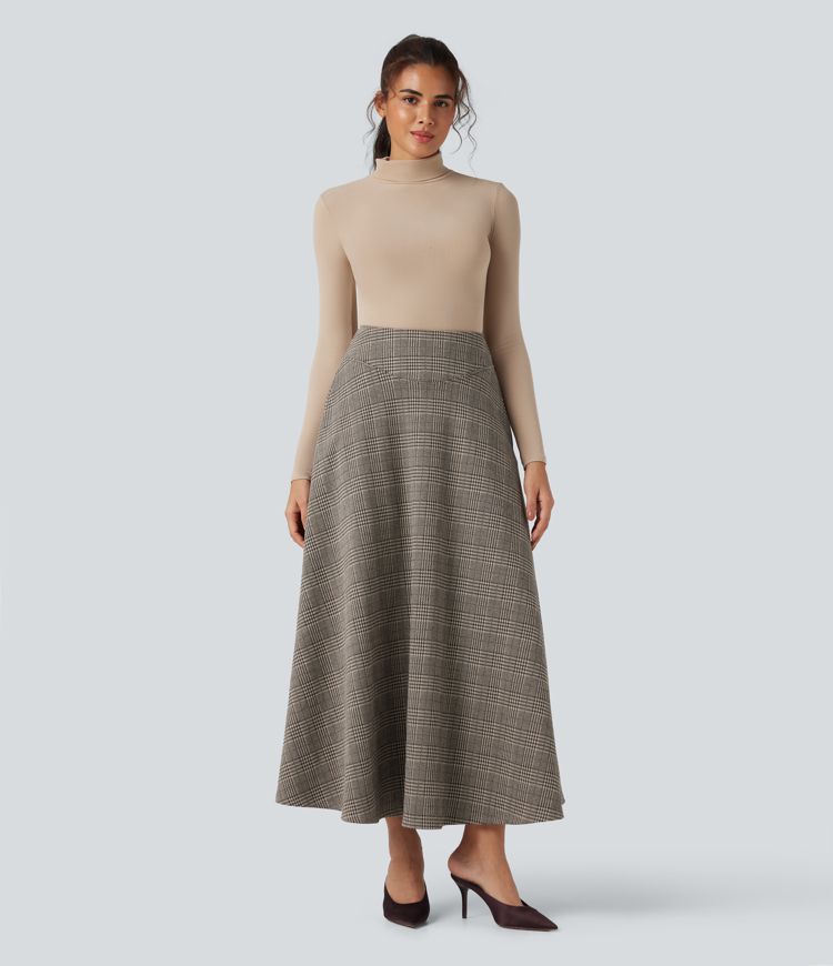 High Waisted Houndstooth Plaid Maxi Work Skirt with Pockets