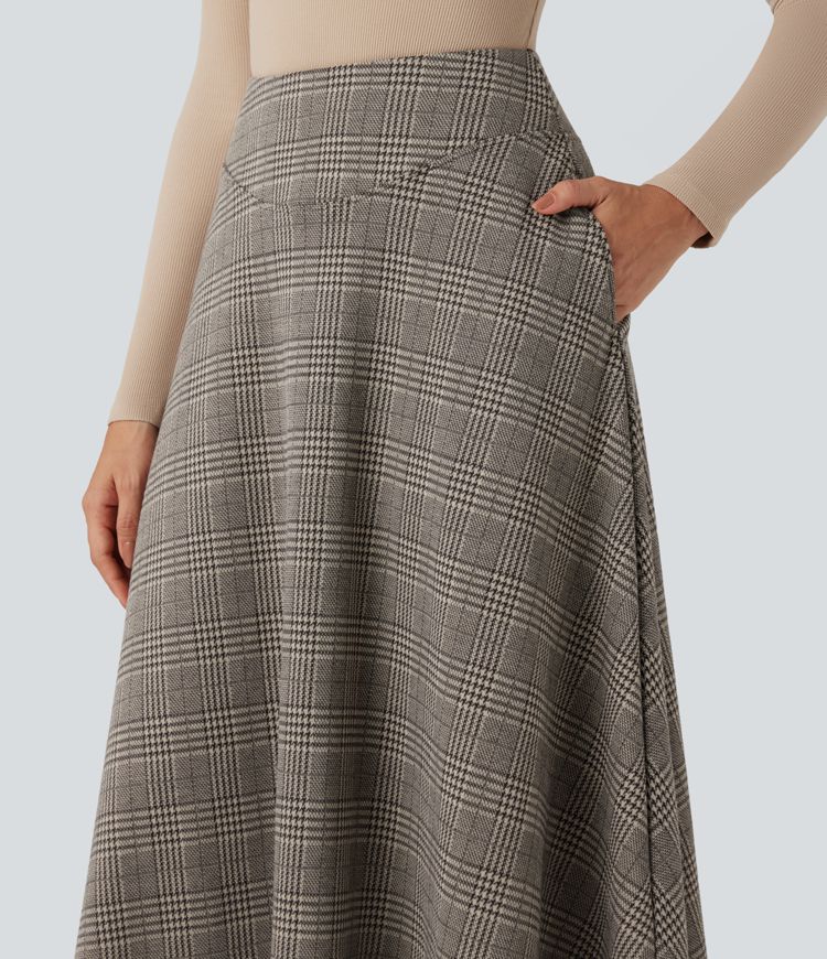 High Waisted Houndstooth Plaid Maxi Work Skirt with Pockets