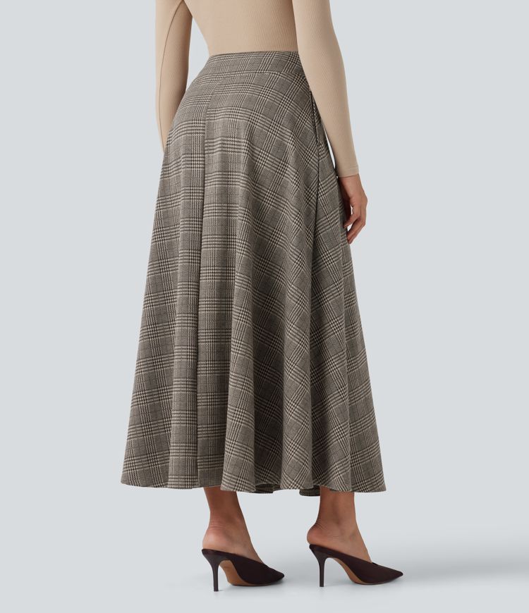 High Waisted Houndstooth Plaid Maxi Work Skirt with Pockets