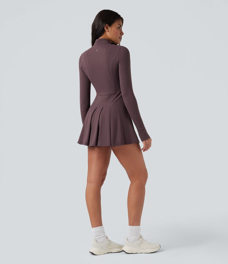 SoftlyZero™ Plush Half Zip Long Sleeve Thumb Hole 2-Piece Mini Tennis Active Dress with Pockets