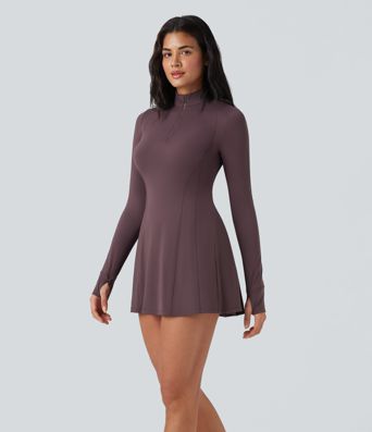 SoftlyZero™ Plush Half Zip Long Sleeve Thumb Hole 2-Piece Mini Tennis Active Dress with Pockets
