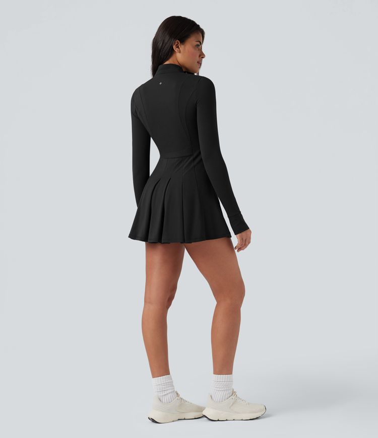 SoftlyZero™ Plush Half Zip Long Sleeve Thumb Hole 2-Piece Mini Tennis Active Dress with Pockets