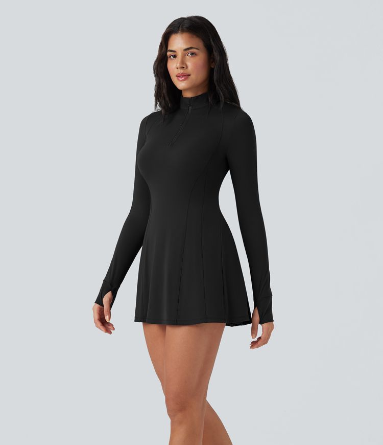 SoftlyZero™ Plush Half Zip Long Sleeve Thumb Hole 2-Piece Mini Tennis Active Dress with Pockets