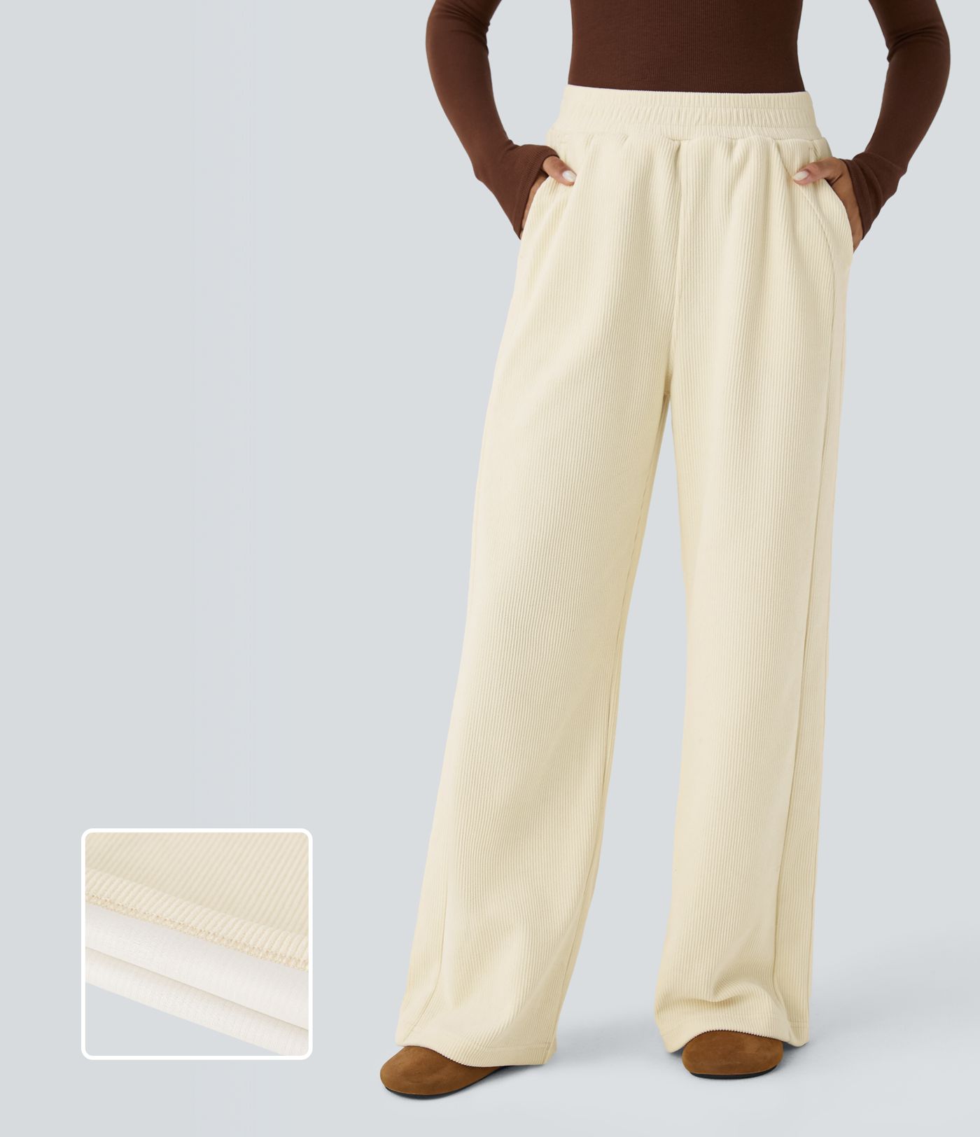 High Waisted Pocket Straight Leg Mop Corduroy Casual Trousers