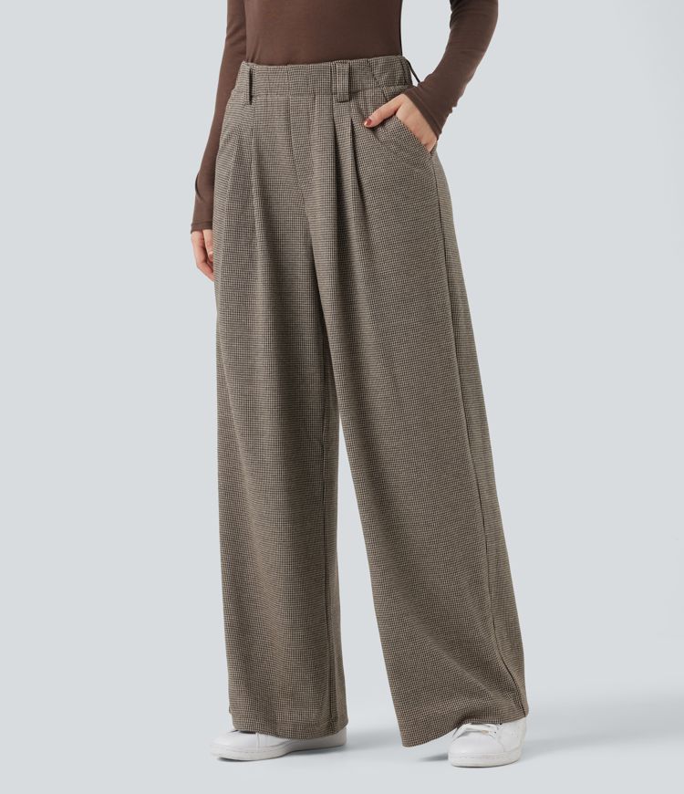 High Waisted Houndstooth Work Baggy Pants with Pockets
