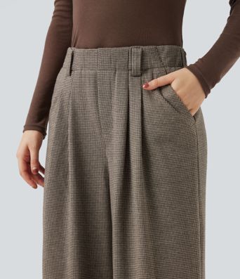 Baggy Arbeitshose mit hohem Bund, Seitentaschen und Hahnentrittmuster