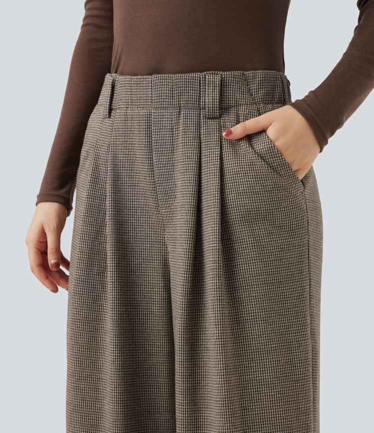 Baggy Arbeitshose mit hohem Bund, Seitentaschen und Hahnentrittmuster