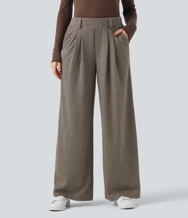 High Waisted Houndstooth Work Baggy Pants with Pockets