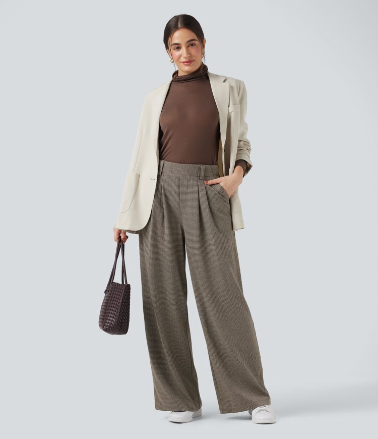 Baggy Arbeitshose mit hohem Bund, Seitentaschen und Hahnentrittmuster