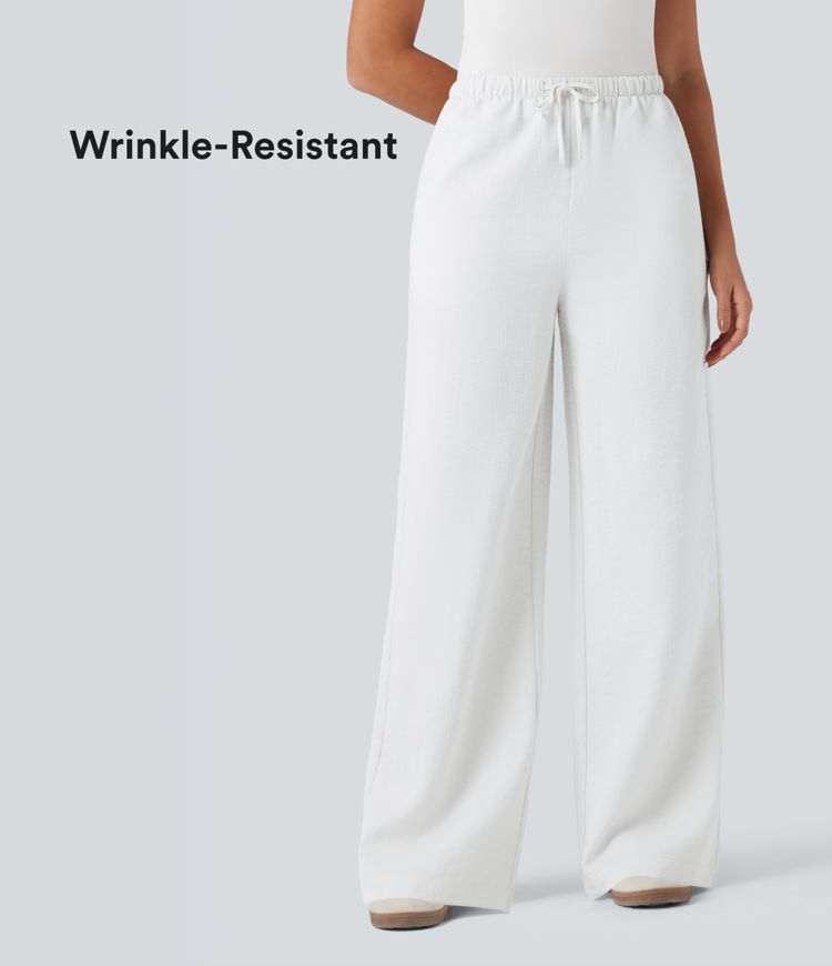 Wrinkle-Resistant High Waisted Drawstring Wide Leg Casual Linen-Feel Pants with Pockets