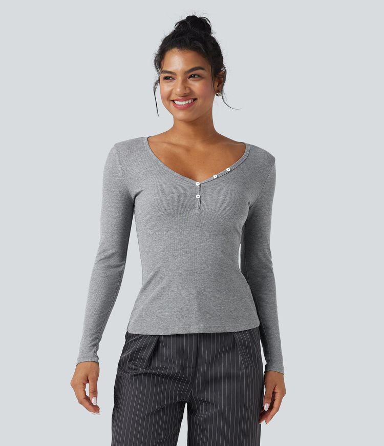 T-shirt côtelé col V manches longues