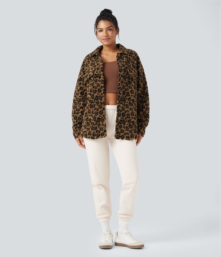 Collar Long Sleeve Curved Hem Casual Shacket Sherpa Jacket with Pockets