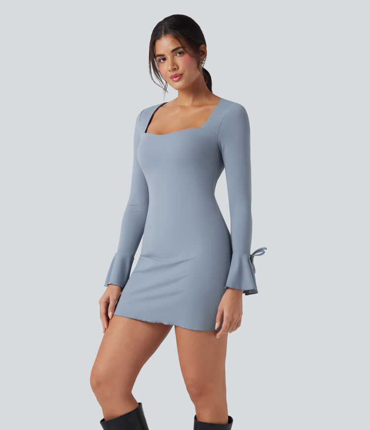 Square Neck Lace Up Flounce Long Sleeve Mini Casual Dress