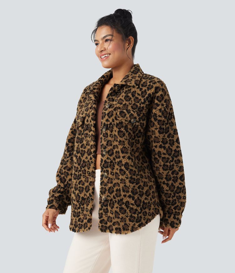 Collar Long Sleeve Curved Hem Casual Shacket Sherpa Jacket with Pockets