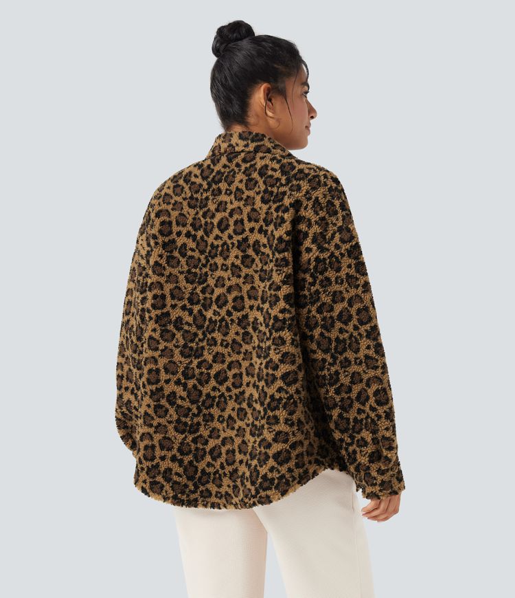 Collar Long Sleeve Curved Hem Casual Shacket Sherpa Jacket with Pockets