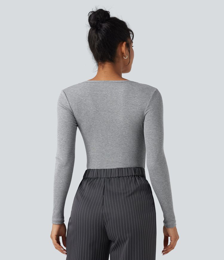 T-shirt côtelé col V manches longues