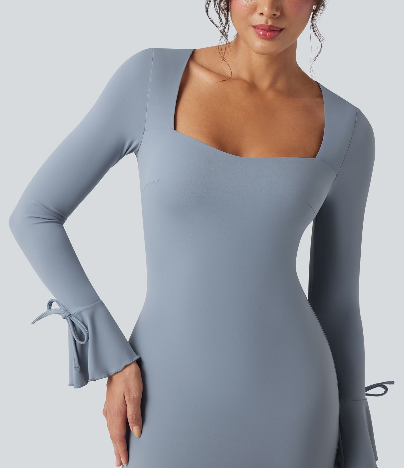 Square Neck Lace Up Flounce Long Sleeve Mini Casual Dress