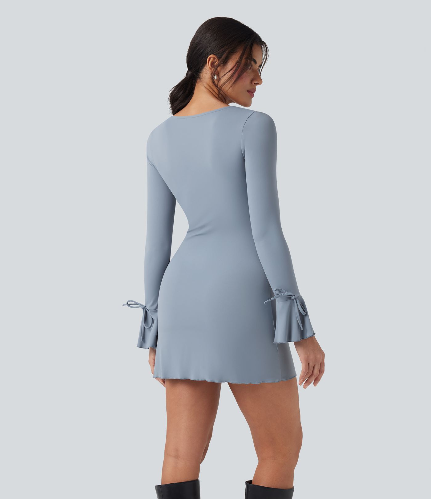 Square Neck Lace Up Flounce Long Sleeve Mini Casual Dress