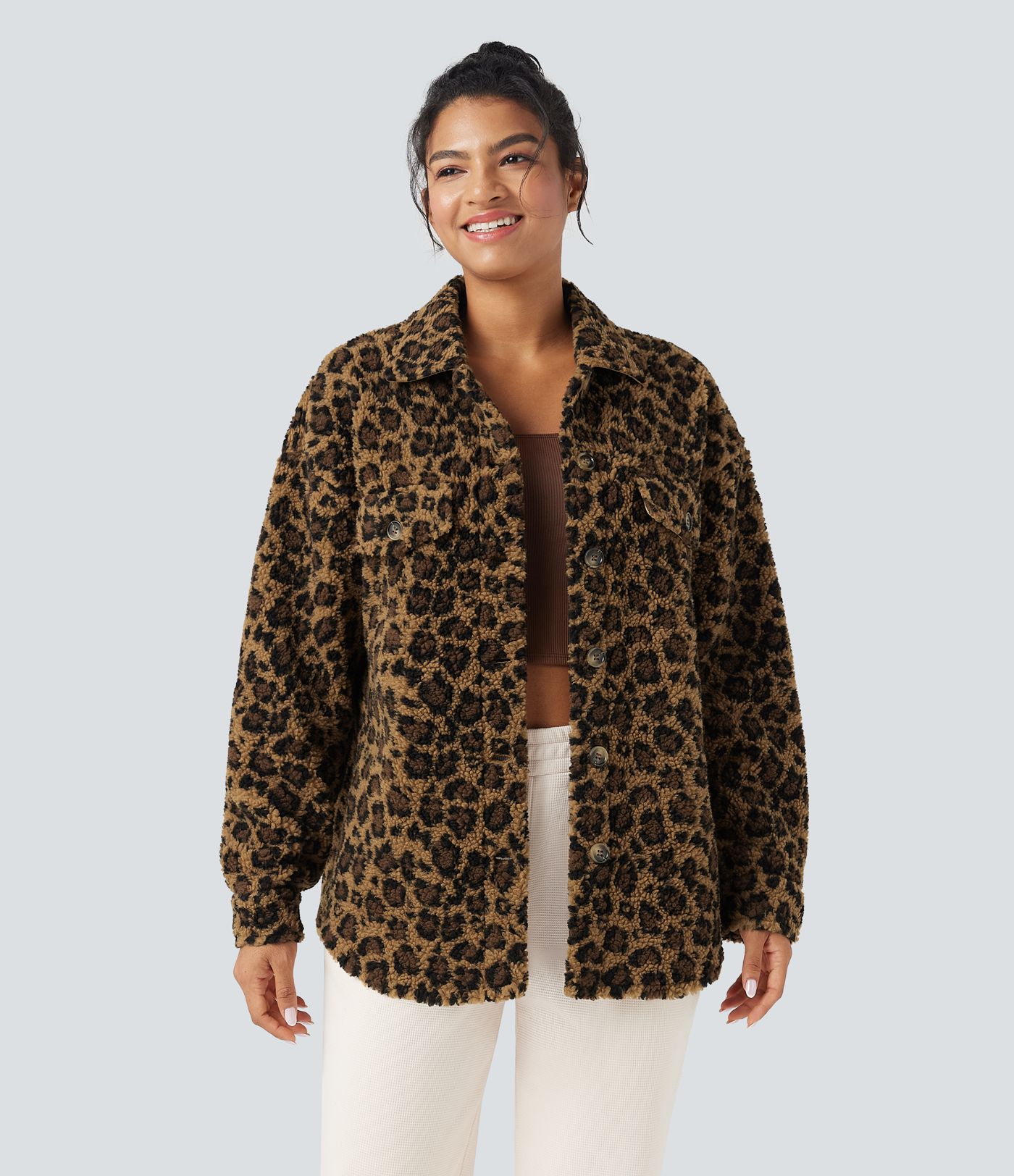 Collar Long Sleeve Curved Hem Casual Shacket Sherpa Jacket with Pockets