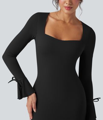 Square Neck Lace Up Flounce Long Sleeve Mini Casual Dress